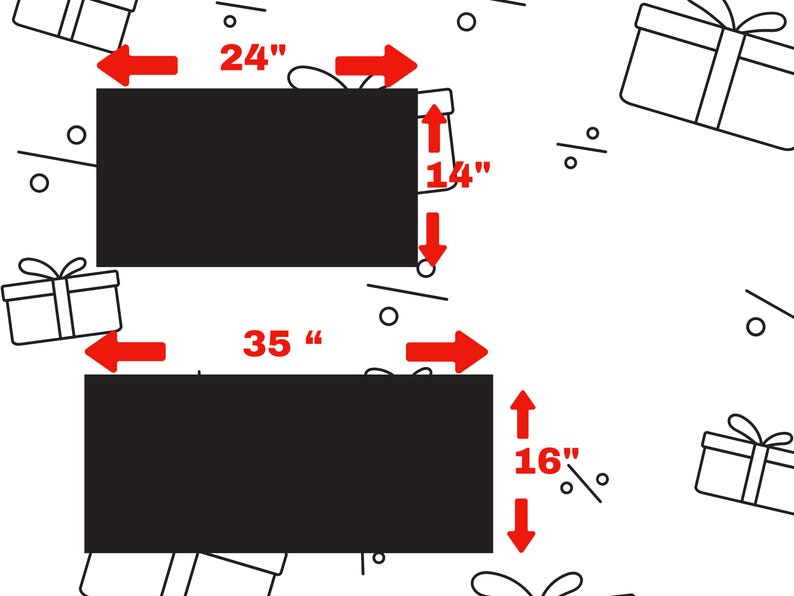 Puede incluir: Formas rectangulares negras con flechas de medici&oacute;n rojas. La forma superior mide 61 cm de ancho y 36 cm de alto. La forma inferior mide 89 cm de ancho y 41 cm de alto. Contornos de cajas de regalo blancas en el fondo.