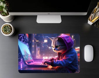 Alfombrilla de escritorio Anime Cat: Gato negro Lofi, alfombrilla de ratón XL
