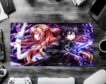 May include: A rectangular gaming mousepad featuring a vibrant anime illustration. The artwork depicts two characters with swords and energy effects, set against a purple and blue background. The mousepad is surrounded by gaming accessories.