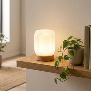 Könnte beinhalten: Moderne Tischlampe mit geripptem, cremefarbenem Glasschirm und Holzsockel. Die Lampe strahlt ein warmes Licht aus. Sie steht auf einem Holzregal neben einer Topfpflanze und schafft eine gemütliche Atmosphäre. Die Lampe ist ca. 20 cm hoch.