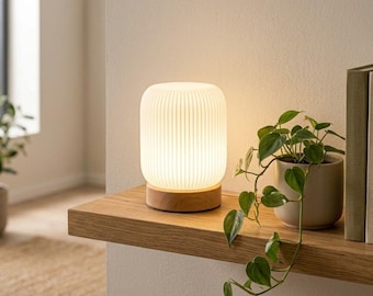 Touch Bedside Lamp, Wood Grain Dimmable Cordless Lamp,Mini Pleated Bedside Lamp,Wood Grain Table Lamp Gift, Cozy Gift for Home
