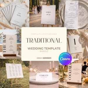Op de afbeelding: Een verzameling elegante trouwbriefpapiersjablonen. Inclusief menu's, tafelnnummers, plattegronden en welkomstborden. De sjablonen zijn aanpasbaar en voorzien van de tekst "Traditional Wedding Template Bundle".