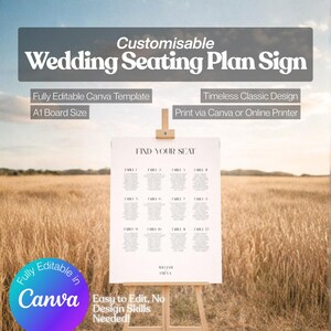 Könnte beinhalten: Ein weißes Hochzeits-Sitzplan-Schild auf einer Staffelei mit dem Text "Wedding Seating Plan Sign". Das Schild enthält Tischnummern und die Namen William & Freya. Die Vorlage ist vollständig in Canva bearbeitbar.
