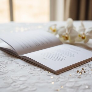Op de afbeelding: Een open boek met witte pagina's, rustend op een wit kanten tafelkleed. De pagina's van het boek tonen gedrukte tekst. Witte orchidee&euml;n en gouden pailletten bevinden zich op de achtergrond, wat een zachte, elegante esthetiek cre&euml;ert.