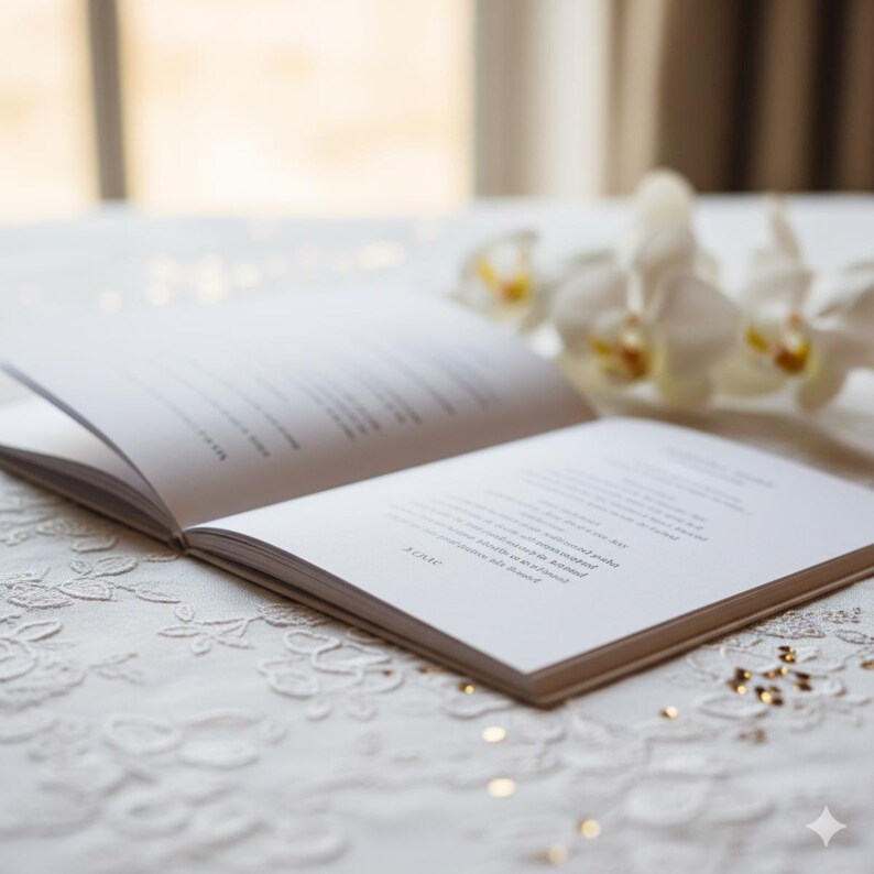 Op de afbeelding: Een open boek met witte pagina's, rustend op een wit kanten tafelkleed. De pagina's van het boek tonen gedrukte tekst. Witte orchidee&euml;n en gouden pailletten bevinden zich op de achtergrond, wat een zachte, elegante esthetiek cre&euml;ert.