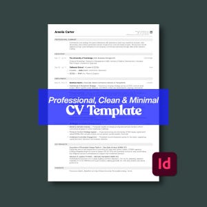 Pode incluir: Um modelo de currículo com um design limpo e minimalista. O documento apresenta um layout profissional com seções para educação, emprego e projetos-chave. O texto "Professional, Clean & Minimal CV Template" é exibido em um retângulo azul. Um logotipo "Id" está no canto inferior direito.