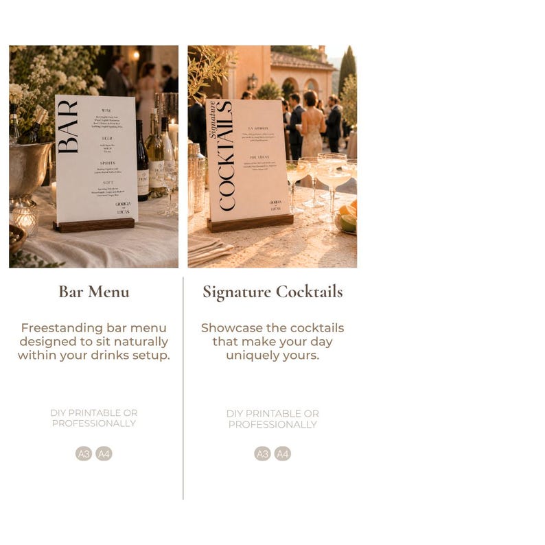 Op de afbeelding: Twee vrijstaande menukaarten met houten voet. E&eacute;n menu leest "BAR" en de andere "Signature COCKTAILS". De menu's staan op een tafel met drankjes en mensen op de achtergrond. De tekst onder de menu's luidt "DIY PRINTABLE OR PROFESSIONALLY".