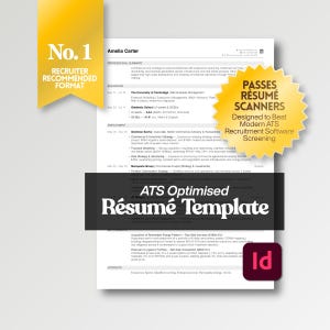 Pode incluir: Um modelo de currículo branco com o texto "ATS Optimised Résumé Template" em uma faixa preta. A imagem também inclui o texto "No. 1 Recruiter Recommended Format" e "Passes Résumé Scanners Designed to Beat Modern ATS Recruitment Software Screening."