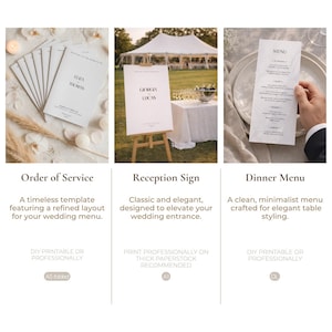 Op de afbeelding: Een collectie trouwbriefpapier, waaronder een dienstenboekje, een ontvangstbord en een menukaart. De items hebben minimalistische ontwerpen met elegante typografie. De tekst bevat "ELIZA THOMAS", "GIORGIA LUCAS" en "MENU".