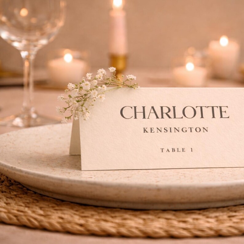 Op de afbeelding: Een gedekte tafel met een witte naamkaart met de tekst "CHARLOTTE KENSINGTON TABLE 1". De kaart is versierd met kleine witte bloemen. Een bord, glas en brandende kaarsen zijn op de achtergrond.