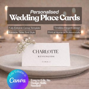 May include: A white wedding place card with the name "Charlotte" and "Kensington" printed in black. The card is on a white plate, with text that reads "Personalised Wedding Place Cards". The card is a foldable table tent style.