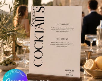 Italienische Hochzeit Signatur Cocktail Menü Zeichen | Elegantes minimalistisches Design | Bearbeitbare Canva Vorlage | BT08