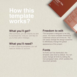 K&ouml;nnte beinhalten: Helle beige Grafik mit dem Text "How this template works?" und Details zur Bearbeitung von Vorlagen in InDesign. Enth&auml;lt eine Brosch&uuml;re mit rotem Umschlag und offenen Seiten.