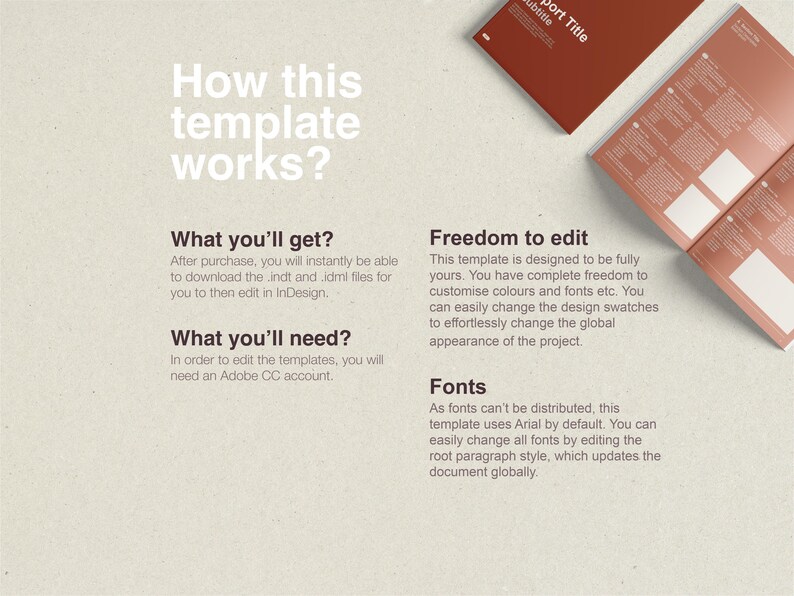 K&ouml;nnte beinhalten: Helle beige Grafik mit dem Text "How this template works?" und Details zur Bearbeitung von Vorlagen in InDesign. Enth&auml;lt eine Brosch&uuml;re mit rotem Umschlag und offenen Seiten.