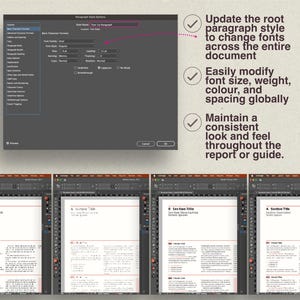 K&ouml;nnte beinhalten: Ein Computerbildschirm zeigt ein Men&uuml; mit Absatzstiloptionen mit Text und H&auml;kchen. Der Text hebt die M&ouml;glichkeit hervor, Schriftarten zu aktualisieren, die Schriftgr&ouml;&szlig;e zu &auml;ndern und ein einheitliches Erscheinungsbild in einem Dokument beizubehalten. Darunter befinden sich vier Dokumentenvorschauen.