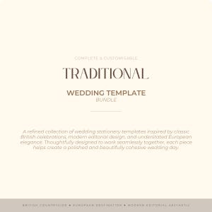 Op de afbeelding: Een cr&egrave;mekleurige bruiloft sjabloonbundel met het woord "TRADITIONAL" in een schreefletter. De tekst "WEDDING TEMPLATE BUNDLE" staat hieronder. De beschrijving vermeldt Britse vieringen en Europees design.