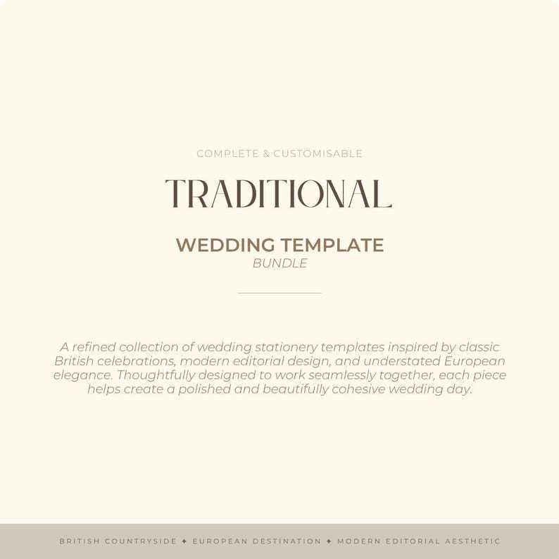 Op de afbeelding: Een cr&egrave;mekleurige bruiloft sjabloonbundel met het woord "TRADITIONAL" in een schreefletter. De tekst "WEDDING TEMPLATE BUNDLE" staat hieronder. De beschrijving vermeldt Britse vieringen en Europees design.
