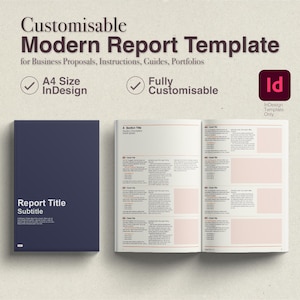 Puede incluir: Plantilla de informe moderno personalizable para propuestas comerciales, instrucciones, guías y portafolios. La imagen muestra un libro azul marino cerrado con el texto "Report Title Subtitle" y un libro abierto.