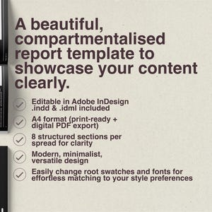 K&ouml;nnte beinhalten: Berichtsvorlage mit dem Text &bdquo;Eine sch&ouml;ne, aufgeteilte Berichtsvorlage, um Ihre Inhalte klar darzustellen&ldquo;. Bearbeitbar in Adobe InDesign, A4-Format, mit 8 strukturierten Abschnitten. Modernes, minimalistisches Design.