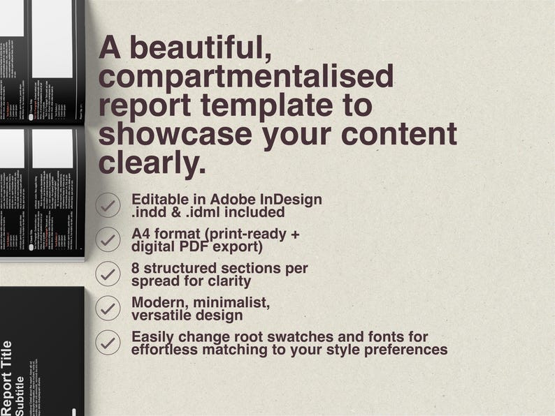K&ouml;nnte beinhalten: Berichtsvorlage mit dem Text &bdquo;Eine sch&ouml;ne, aufgeteilte Berichtsvorlage, um Ihre Inhalte klar darzustellen&ldquo;. Bearbeitbar in Adobe InDesign, A4-Format, mit 8 strukturierten Abschnitten. Modernes, minimalistisches Design.