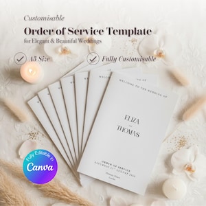 May include: White wedding order of service cards, A5 size, with the names Eliza and Thomas printed on them. The cards are fully customisable. The text "Order of Service Template" is at the top, for elegant weddings.