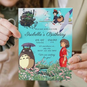 May include: A rectangular birthday invitation card on a light blue background featuring animated characters, a flying castle, and a field of flowers. Text includes: PLEASE JOIN US FOR Isabelle's Birthday 05/07 Saturday 04:00 P.M. 123 anywhere st., any city RSVP: 123-456-7890 We are waiting for you!