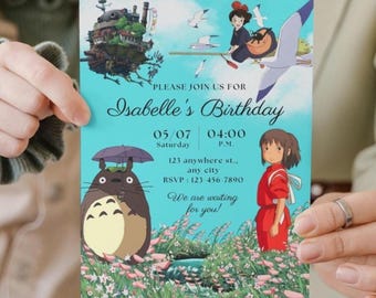 May include: A rectangular birthday invitation card on a light blue background featuring animated characters, a flying castle, and a field of flowers. Text includes: PLEASE JOIN US FOR Isabelle's Birthday 05/07 Saturday 04:00 P.M. 123 anywhere st., any city RSVP: 123-456-7890 We are waiting for you!