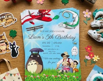 Studio Ghibli Einladungskarten | Bearbeitbarer digitaler Download | Totoro, Kiki, Chihiros Reise ins Zauberland, Flugzeuge Party einladen