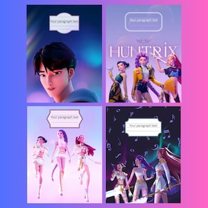 Puede incluir: Cuatro cuadernos con cubiertas coloridas. Uno presenta un personaje de anime masculino, otro muestra el texto "HUNTRIX" con tres personajes femeninos, y los otros muestran grupos de personajes femeninos. Cada cuaderno tiene un espacio para texto.
