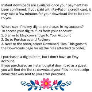 K&ouml;nnte beinhalten: Text auf wei&szlig;em Hintergrund mit Anweisungen zum Herunterladen digitaler K&auml;ufe von Etsy. Es wird erkl&auml;rt, wie man auf Dateien von einem Konto aus zugreift und was zu tun ist, wenn man als Gast gekauft hat. Ein florales Design mit rosa und blauen Akzenten verziert den unteren Rand.