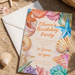 May include: A birthday party invitation with a seashell theme. The invitation reads "Olivia's Birthday Party" and includes details for a 16th birthday celebration on June 20th at 5 pm. The invitation is surrounded by colorful seashells and starfish.