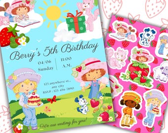Erdbeer-Shortcake-Geburtstagseinladung: Bearbeitbare Cartoon-Party-Vorlage + Aufkleber