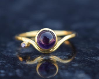 Amethyst Ring in 925 Sterling Silver | Gold Plated Wave Ring with Purple Gemstone | Minimalist Handmade Ring | Gift for Her