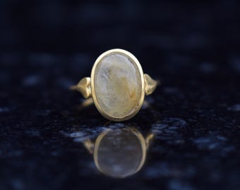 Golden Rutilated Quartz Ring 925 Sterling Silver | Natural Rutile Quartz Oval Cabochon Ring | Handmade Gold Plated Silver Ring |