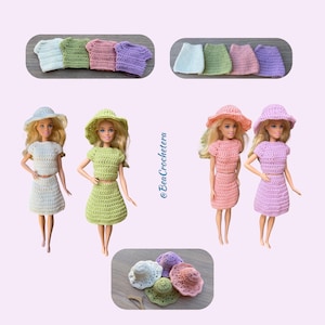 May include: A selection of crocheted doll outfits in pastel shades, including hats, tops, and skirts. The outfits are shown on dolls and separately. Colours include white, green, pink, and purple. The image includes the text "@BeaCrochetera".