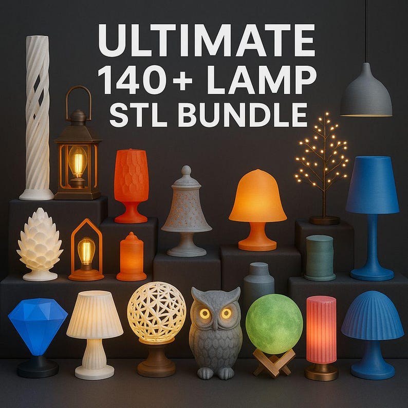 May include: A collection of various lamps in different shapes and colors, including a blue diamond-shaped lamp, an owl-shaped lamp, and a tree-shaped lamp. The text "ULTIMATE 140+ LAMP STL BUNDLE" is displayed at the top.