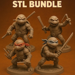 May include: Four detailed figurines of Teenage Mutant Ninja Turtles, each posed with their signature weapons. The figures are in a neutral color, standing on circular bases. The text "TURTLES STL BUNDLE" is at the top.