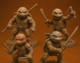 Turtles Miniatures STL | 4 Hero Turtle Figures | 3D Printable Ninja Characters for Tabletop & Display