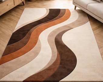 Mid Century Modern Rug Retro Wavy Area Rug Abstract Organic Shape Hand Tufted Carpet for Living Room Luxury Boho Home Decor Large Custom Rug