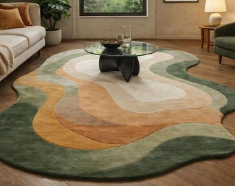Irregular Wavy Tufted Wool Rug - Abstract Organic Shape Area Carpet for Living Room, Earthy Green & Ochre Hand Tufted Rug, Custom Large Area