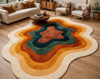 Retro Wavy Abstract Rug, Hand Tufted Irregular Shape Area Rug, Mid Century Modern Multi Color Carpet for Living Room, Large Aesthetic Floor,