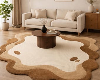 Hand Tufted Wave Rug, Abstract Irregular Shaped Carpet for Living Room, Brown and Beige Organic Area Rug, Modern Luxury Floor Decor Rugs,