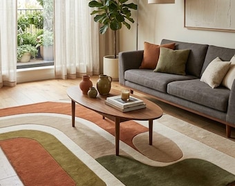 Alfombra abstracta moderna de mediados de siglo, alfombra retro de tonos tierra de los años 70 tejida a mano para sala de estar, alfombra estética grande para dormitorio y decoración del hogar,