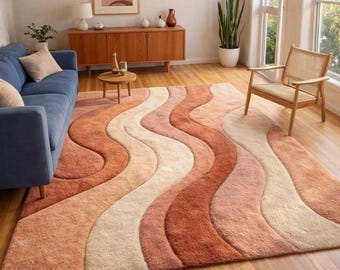 Abstract Wavy Rug Retro 70s Mid Century Modern Area Rug Large Hand Tufted Carpet for Living Room Terracotta Orange Curvy Rug Custom Soft Rug