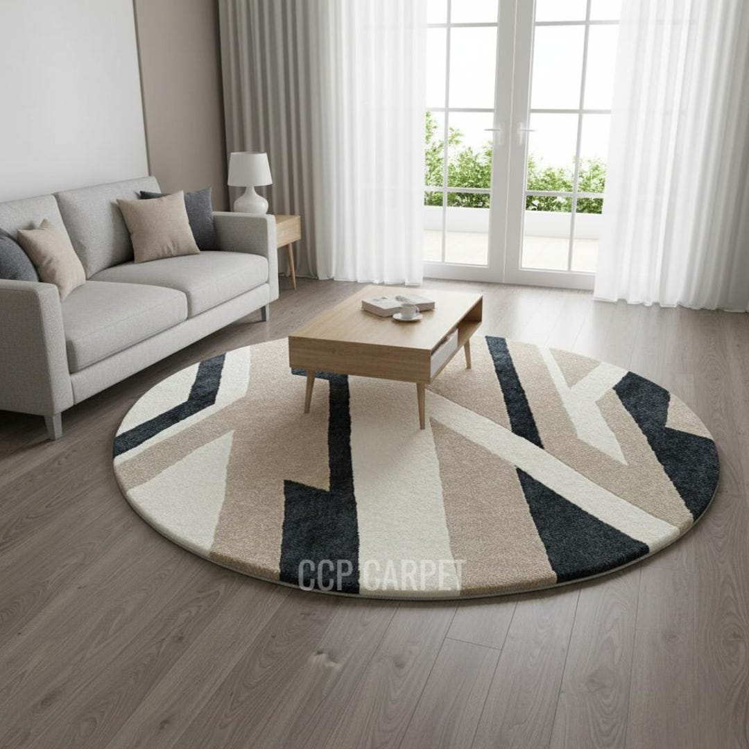 Hand Tufted Round Rugs Geometric Round Area Rug | Beige Black Abstract ...