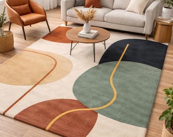 Mid Century Modern Abstract Area Rug, Large Hand Tufted Wool Carpet for Living Room, Terracotta Sage Green Black Organic Shape Geometric Rug