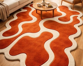 Retro Wavy Orange Rug | Big Wavy Handmade Tuft Rug | Moroccan Terracotta Color Block Abstract | Irregular Shaped Custom Tufted Carpet