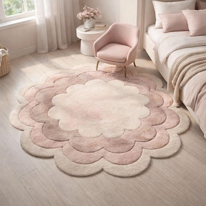 Scalloped Rug Pink | Irregular Shaped Round Carpet | Hand Tufted Cream Cloud Rug | Custom Tufted Blush Flower Rugs