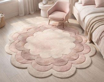Alfombra redonda rosa con borde festoneado tejida a mano, alfombra de lana premium con flores para guardería y dormitorio, alfombra moderna abstracta en tonos pastel, bonito borde festoneado,