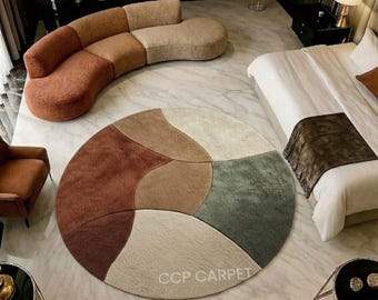 Alfombra redonda abstracta moderna / Alfombra de lana premium tejida a mano / Alfombra circular en tonos tierra para dormitorio / Decoración retro estilo años 70 / Alfombra grande,